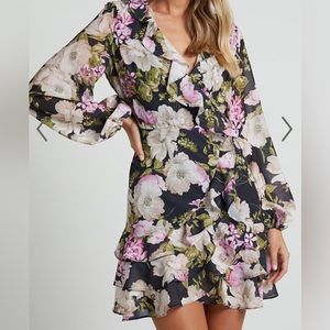 Showpo Alex Mini Dress Size 16 Midnight Floral Black, Purple Wrap Front Lined.